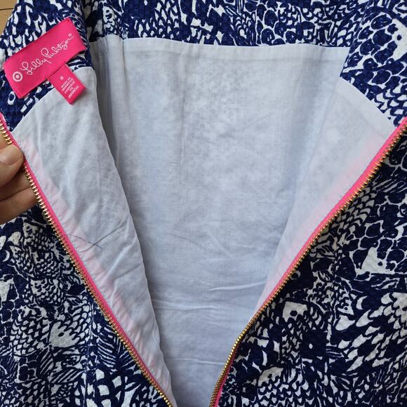 Lilly Pulitzer Target Blue White Upstream Koi Fish Sheath Dress Sz 8 - Picture 7 of 10